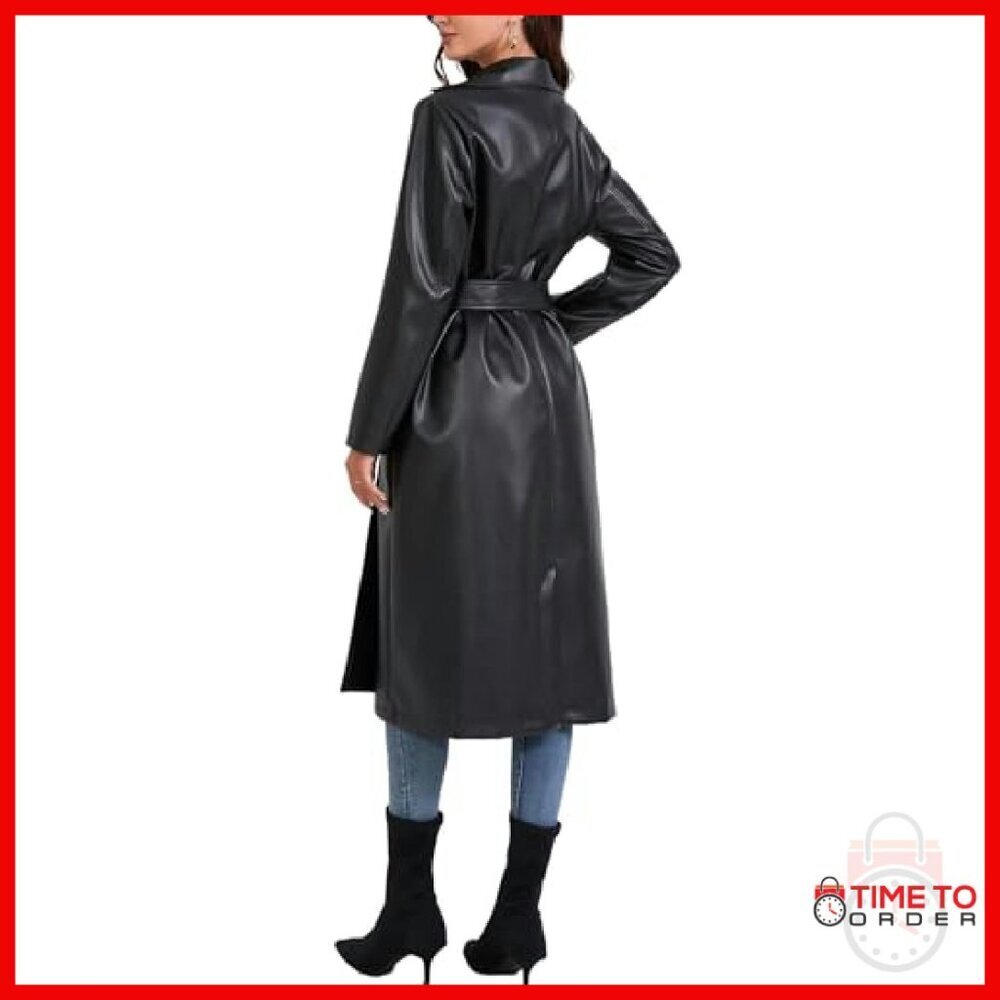 Faux Leather Long Trench Coat with Belt and Pockets - Picture 7 of 7